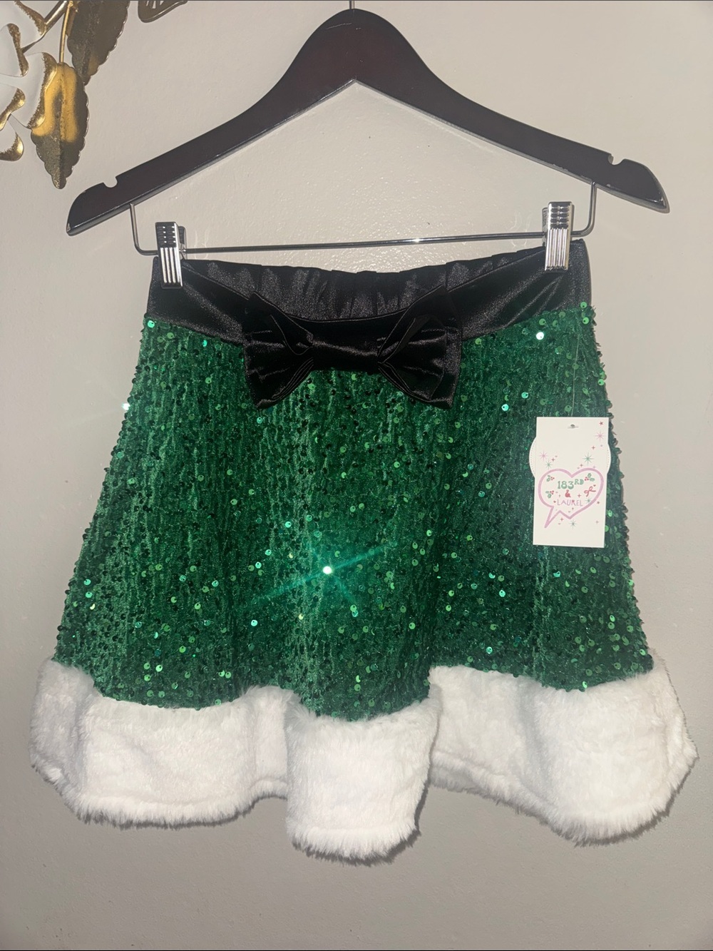 Green Sequin Holiday Skirt with Black Bow Trim